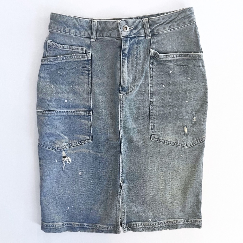 Pilcro & the Letterpress Patchwork Midi Denim Jean Skirt Blue Size 4 Distressed